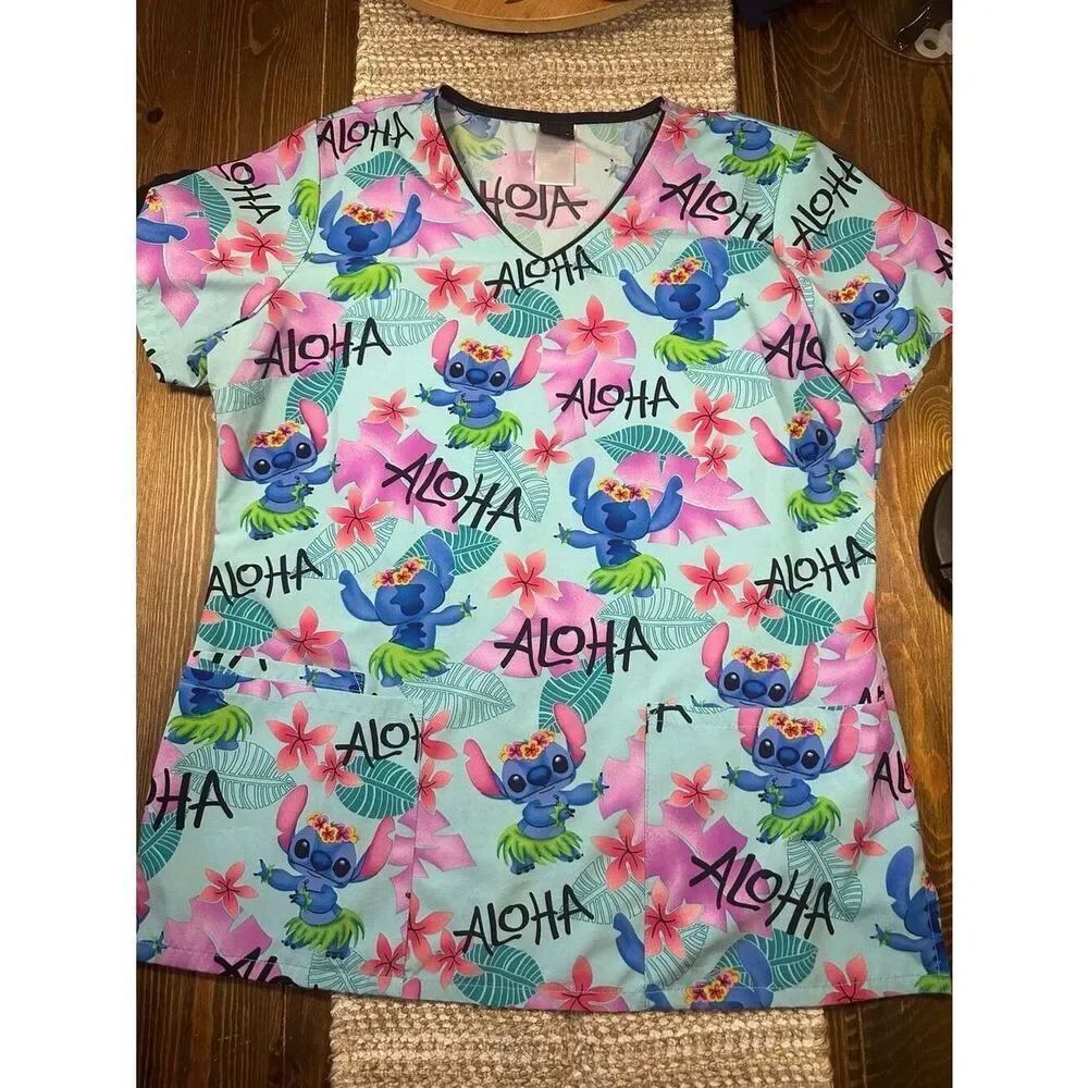 Disney Lilo & Stitch Tropical Aloha Hula Stitch V-Neck Scrub Top size Medium